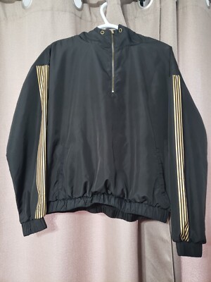 Forever 21 Windbreaker Light Jacket Black Gold Accent Hooded