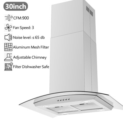 JOEAONZ 30 in Island Range Hood Tempered Glass Vent 900CFM 3-Speed Cook Fan New