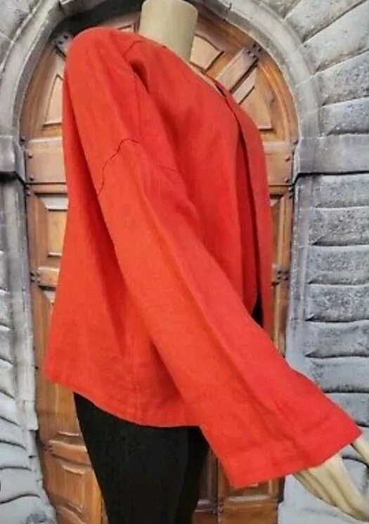 Eileen Fisher 100% Organic Linen Open Front Jacket Large Geranium Red Draped - Image 3 of 4