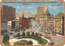 METAL SIGN - New York Postcard - Looking up State Street to State Capitol and o