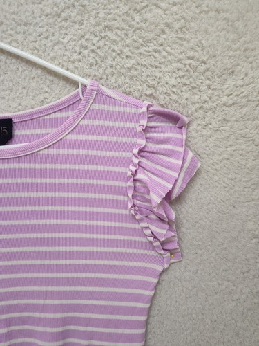 W5 Women Top Large Purple Striped Cotton Blend Short Ruffle Sleeve Casual Shirt - Picture 3 of 17