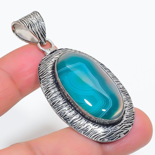 Banded Agate Gemstone Handmade 925 Sterling Silver Jewelry Pendant Size 2.1" - 第 1/1 張圖片
