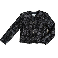 Vtg McNaughton Womens Velvet Jacket Size 6 Black Gold Glitter Floral Whimsigoth