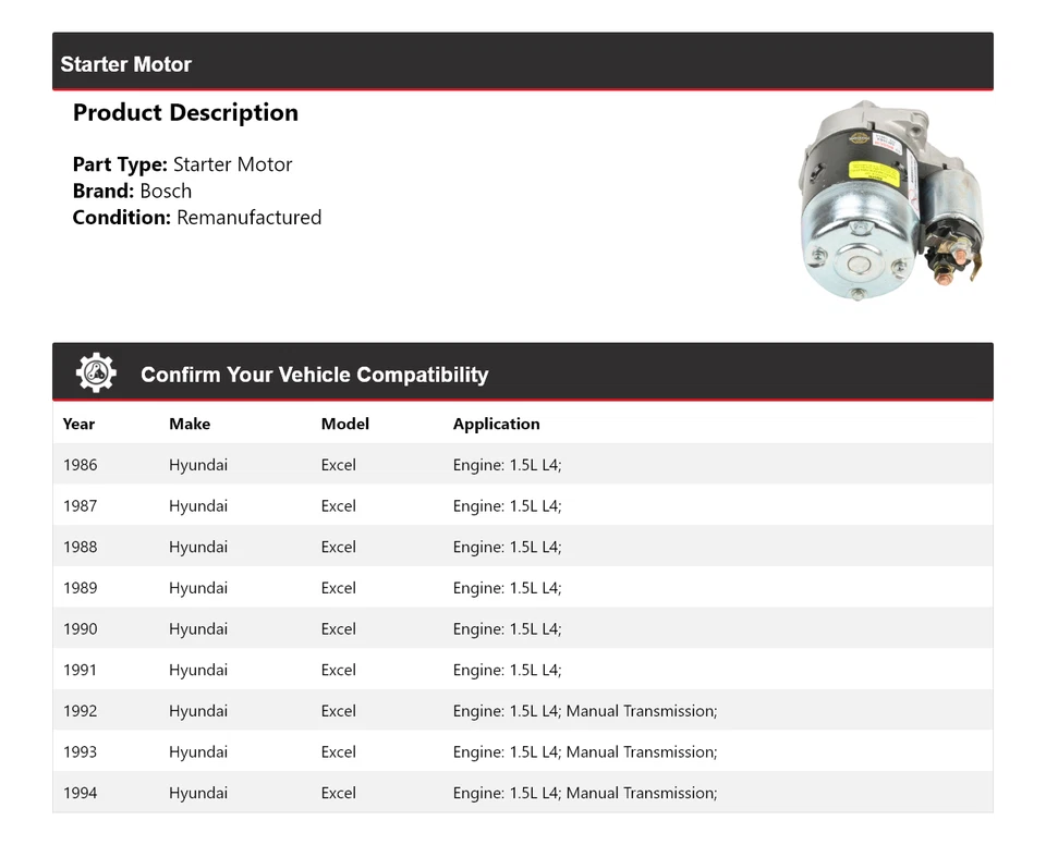 Arranque Bosch 1,5 L L4 1986-1994 (remanufacturado) 1987 1988 Foto 2 de 4