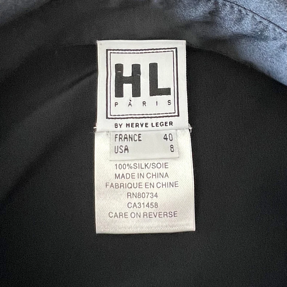 HERVE LEGER PARIS Negro Seda Botón Delantero Top Manga Larga Cintura Fruncida Talla 8 Foto 4 de 4