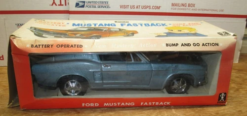 Vintage 1967 Blue Bandai Battery Operated Tin Toy Mustang w/ Box Car Japan