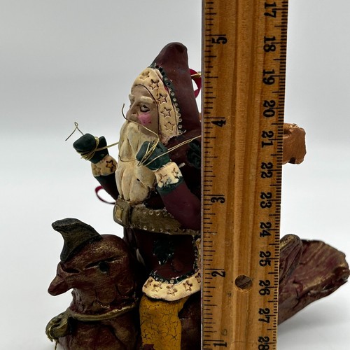 Vtg Primitive Folk Art Santa Flying On Bird Cardinal Christmas Ornament Signed - Picture 11 of 12