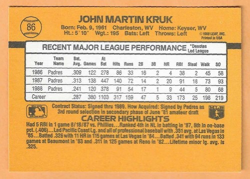 John Kruk San Diego Padres #86 - Donruss casi nuevo-como nuevo 1989 - Imagen 2 de 2