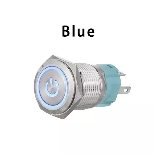 Metal On/Off Illuminated Power Switch Push Button Blue LED Light 12V 12mm Round