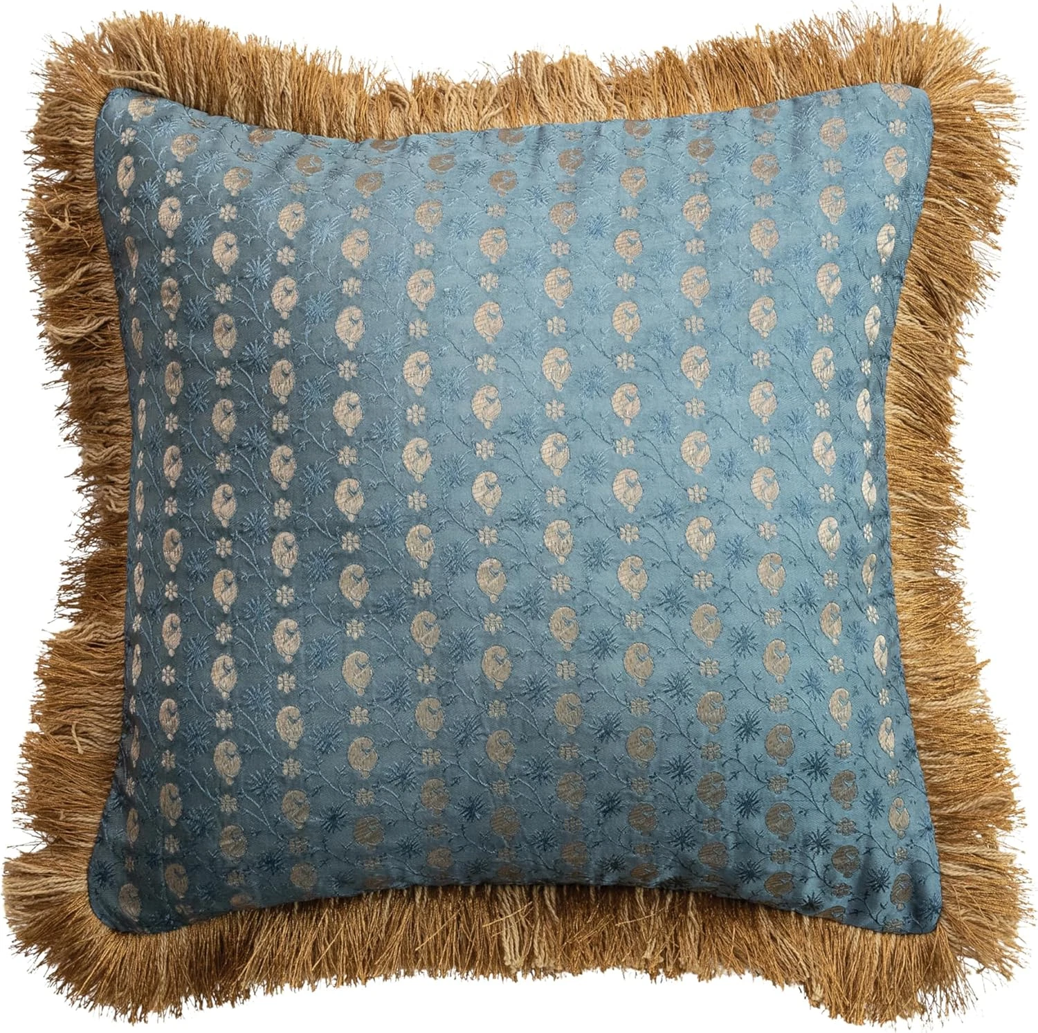 Elegant Blue & Gold Jacquard Square Pillow with Brocade Design