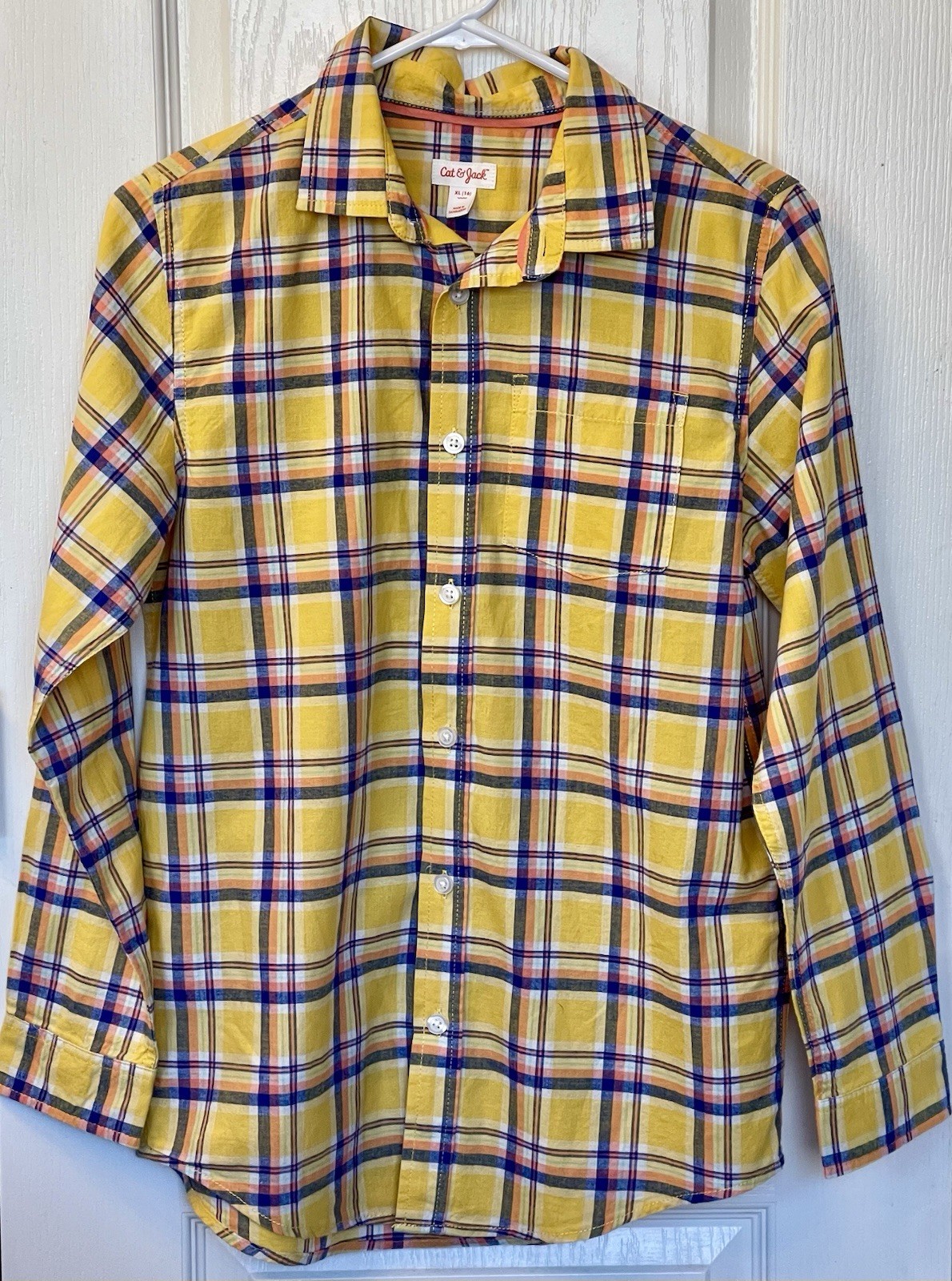 Boys Long Sleeve Shirt Yellow Plaid Button Down, Cat & Jack, Size XL 16