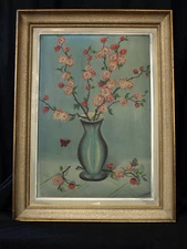 Beautiful Painting Alsace Bouquet Flowers Cherry Trees And Butterflies Vase Gilt