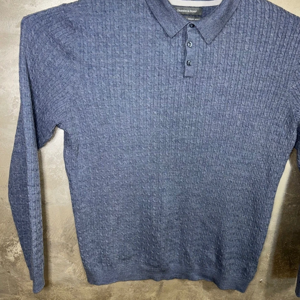 Camisa Polo Grayson & Dunn Para Hombre XL Manga Larga 100% Lana Merino Tejida Azul Foto 4 de 4