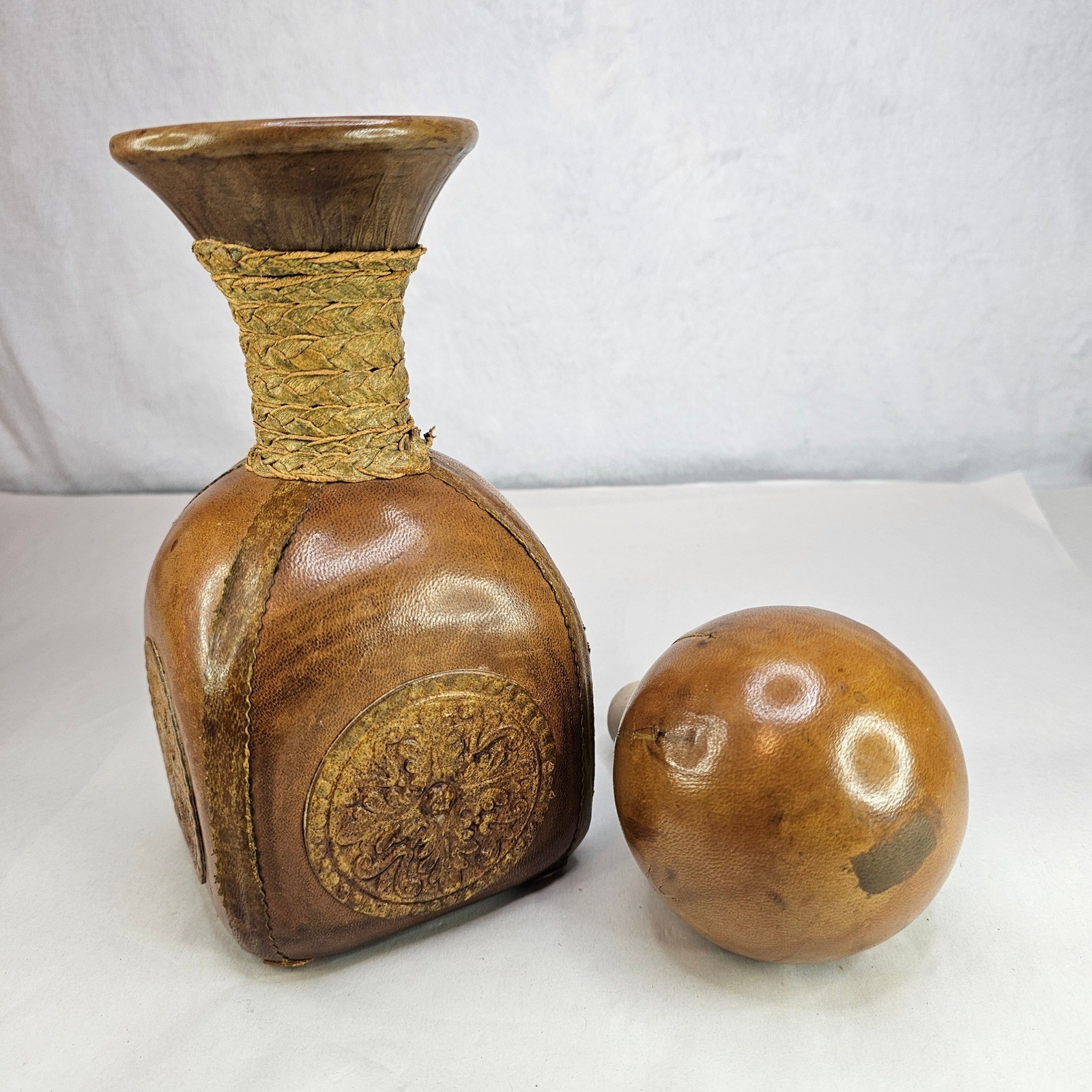 Vintage Brown Leather Decanter Bottle w/ Ball Stopper Rustic Neck Made in Italy