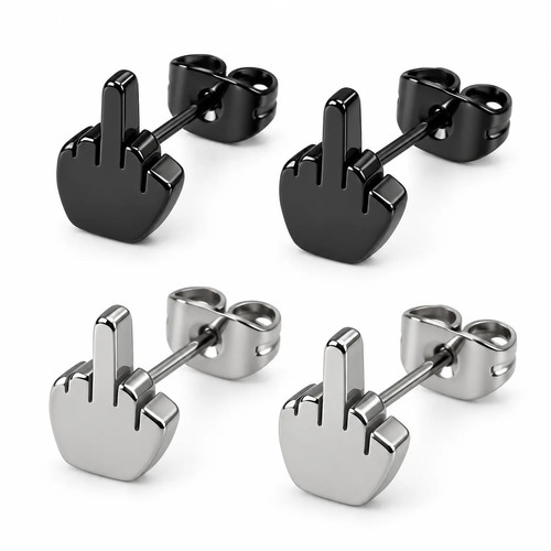 2pcs Stainless Steeel Middle Finger Ear Stud Earrings Men Women Screw Back