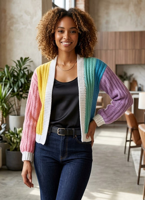 Handmade Rainbow Pastel Crochet Cardigan | Color Block Striped Boho Crop Sweater