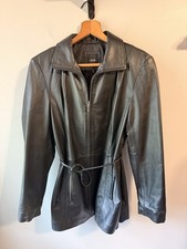 Vintage Black Leather Jacket Women  s Large Minimalist Belted Coat