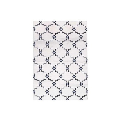 Geometric Hand Knotted Cotton Dhurrie Rug Color White and Blue Design Carpet Rug