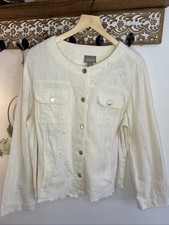 Chico s Cream Button Embroidered 100 Cotton Raw Hem Jacket Women s Sz 3/ XL