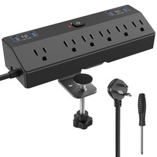 10 Ft Flat Plug Desk Clamp Power Strip 6 AC 2 USBC 40W Tabletop Edge Mount