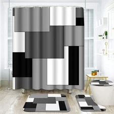 Geometric Gray Bathroom Set with Shower Curtain and Rugs Accessories Black