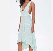 Forever 21 Green Plunging Floral Tulip High Low Summer Dress Small