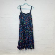 Per Una Midi Dress UK 14 Black Blue Floral Pleated Beaded Strappy Chiffon Floaty