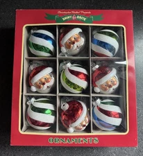 Radko SHINY BRITE Glass Ornaments 9 Set Christmas STRIPES & SANTAS