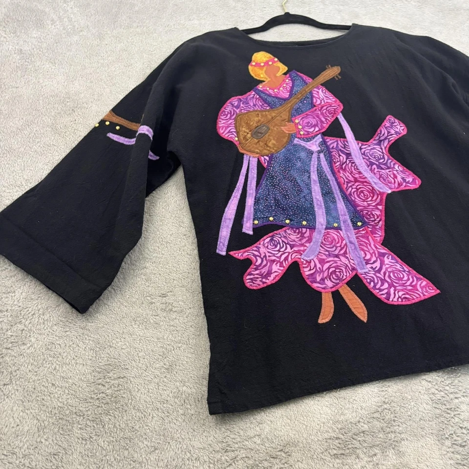 VTG Alfredo's Wife Top Womens XS Black Art to Wear Applique Musician Boho Artsy Foto 4 de 4