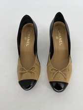 CHANEL Classic Cap Toe CC Logo Elastic Pumps Heels Sz 37 Ballerina Bow Kitten