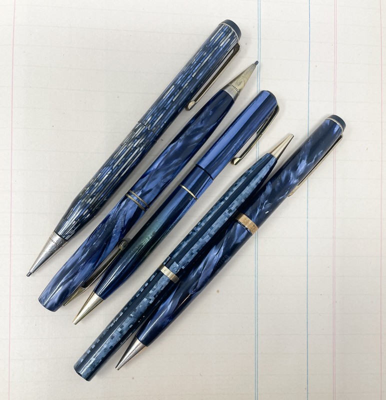 Set of Five Vintage Blue Mechanical Pencils - Waterman, Parker, Peerless