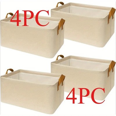4pcs Medium Fabric Storage Baskets with Handles - 15''L x 10.2''W x 7.5''H, Beige