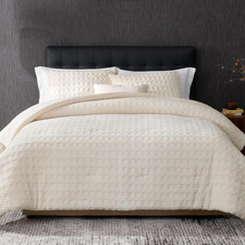 Waffle Comforter Queen Set, Beige Fluffy Fleece Bed Set, Super Warm Fluffy Plush