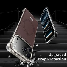 For iPhone 15/16/17 Pro Max Magnetic Metal Bumper Frameless PU Leather Slim Case