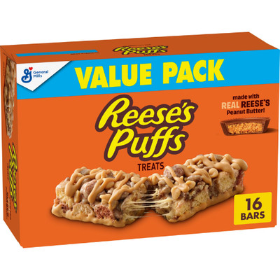 REESE'S Puffs Cereal Treat Bars, Peanut Butter and Cocoa, Value Pack, 16 Count..