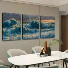 3pcs Ocean Waves in Blue & Golden Wall Art Canvas Framed 50x70cm