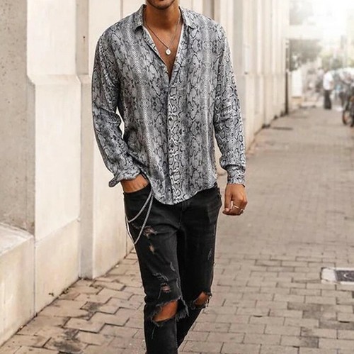 Mens Long Sleeve V-Neck Leopard Printed 