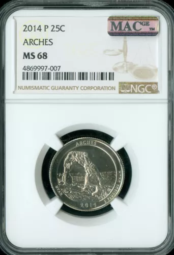 2014 P ARCHES QUARTER NGC MS68 PQ MAC FINEST GRADE SPOTLESS . 