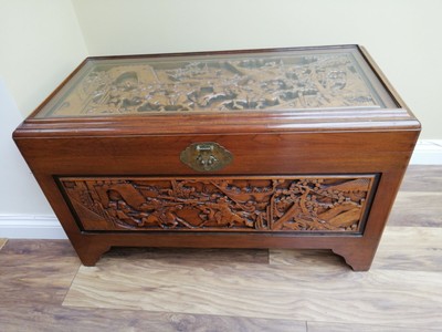 Chinese Oriental Deep Carved Camphor Chest Trunk With Glass Top Ebay