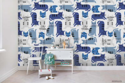 3D Cartoon Animal Cat Blue Wallpaper Wall Murals Removable Wallpaper 713