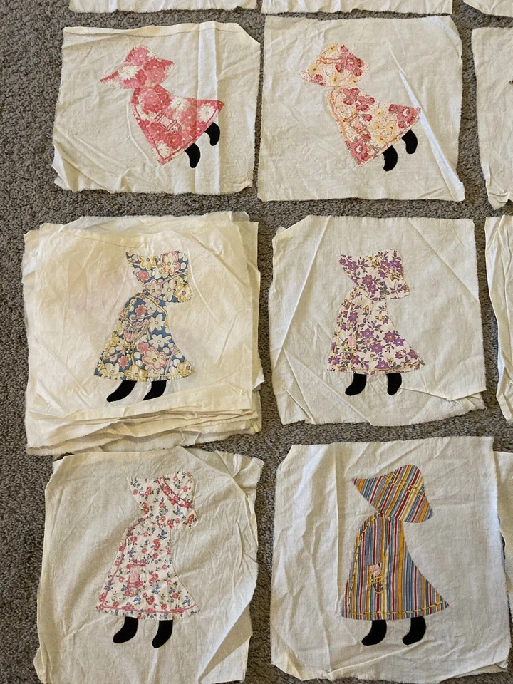 Lot Of 37 Antique Vintage SUNBONNET SUE Quilt Blocks Hand sewn 11” Squares - Image 3 of 4