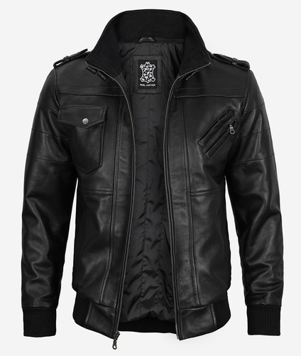 Men's Removable Hood Bomber Moto Biker Racer Real Lambskin Black Leather Jacket - Picture 3 of 10