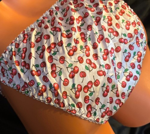 Neu ohne Etikett Gr. L handgefertigt seidig weiß rot Kirschen Satin String Bikini Höschen - Bild 5 von 11