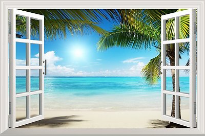 Wall26 White Sand Beach with Palm Tree Open Window Wall Mural- 24x32 inches