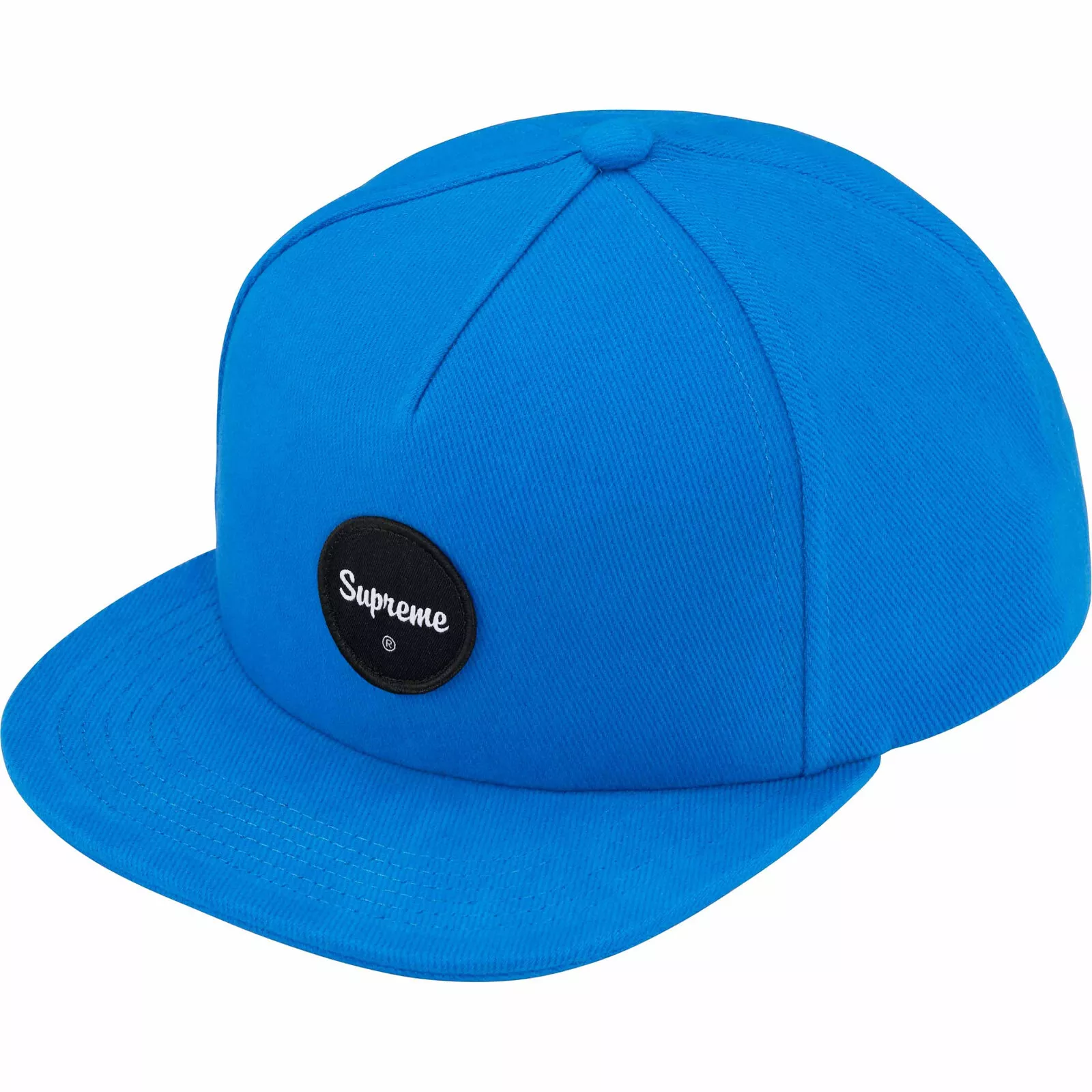 NEUF Supreme patch sergé logo 5 panneaux casquette bleu vif chapeau réglable