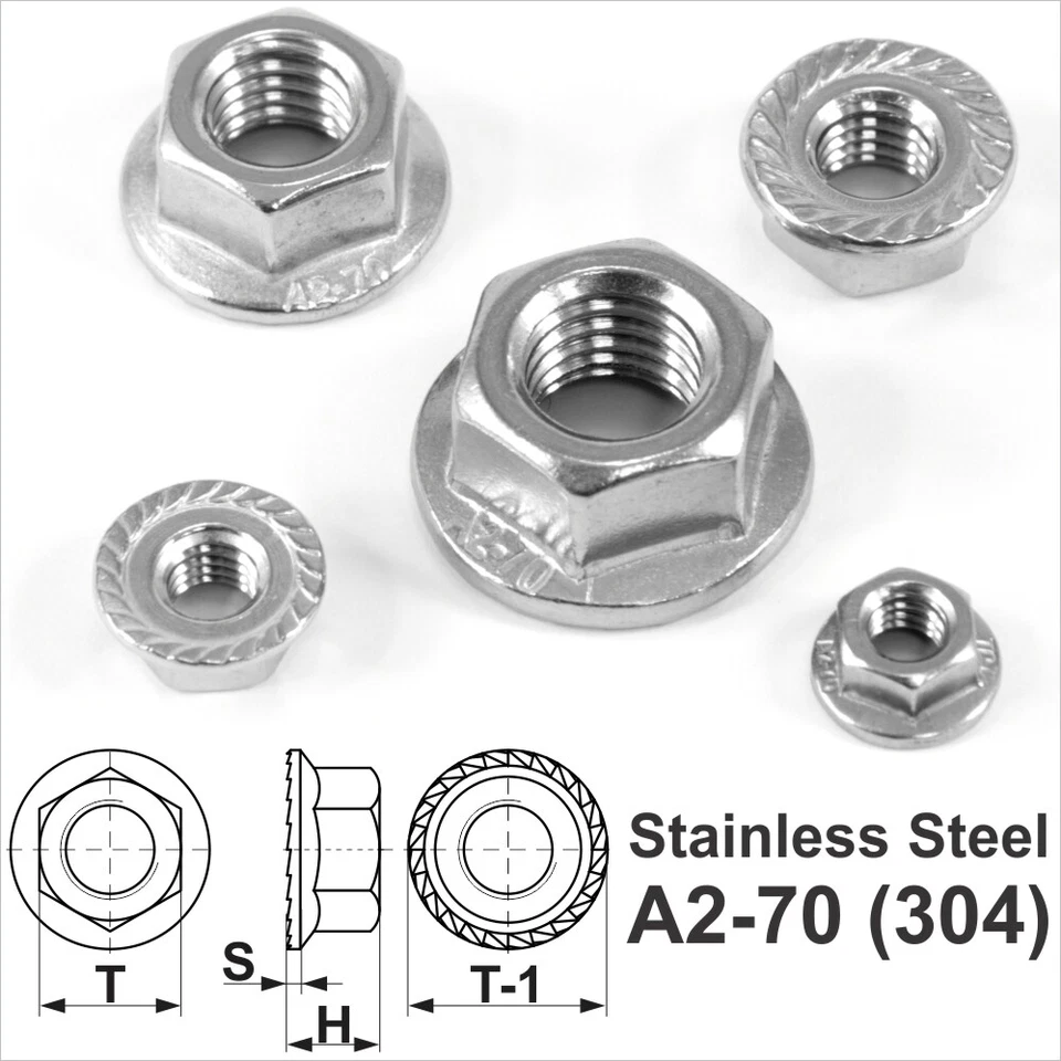 EJ-PARTS A2 Stainless Steel Serrated Flanged Hex Nuts Metric M4,5,6,8,10,12 mm DIN 6923