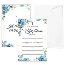 Baptism Invitation For Boys Blue Floral Bautizo Invitations With Envelopes Ch...