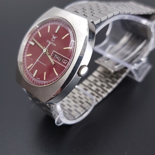 Vintage Croton Burgundy Aquamatic Date Day Stainless Steel Swiss Watch READ - Picture 3 of 13
