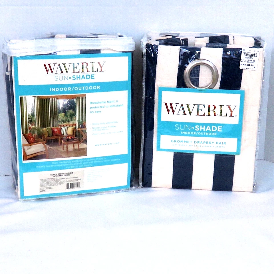 Lote de 2 ojales Waverly Sun n Shade suela a rayas índigo 100" x 96" 4 PANELES Foto 4 de 4