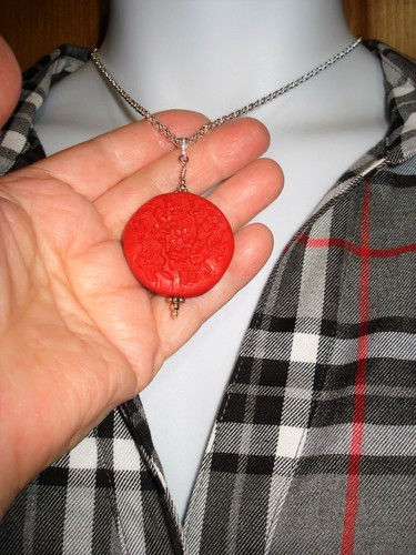 Cherry Blossom Red Cinnabar Pendant on SP 20" Necklace & 2" Drop Post Earrings - Picture 4 of 11
